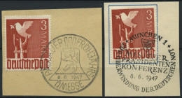 ALLIIERTE BES. 961 BrfStk, 1947, 3 M. Bräunlichrot, 2 Briefstücke Mit Verschiedenen Sonderstempeln, Pracht, Gepr. Schleg - Other & Unclassified