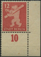 BERLIN UND BRANDENBURG 5AAwax , 1945, 12 Pf. Mittelkarminrot, Graurosa Papier, Glatter Gummi, Untere Rechte Bogenecke, P - Autres & Non Classés