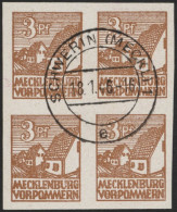 MECKLENBURG-VORPOMMERN 29xa VB O, 1946, 3 Pf. Lebhaftorangebraun, Kreidepapier, Im Zentrisch Gestempelten Viererblock, P - Other & Unclassified