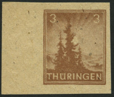 THÜRINGEN 92AYz2U , 1946, 3 Pf. Orangebraun, Spargummierung, Dickes Papier, Fallende Papierstreifung, Ungezähnt, Linkes  - Sonstige & Ohne Zuordnung