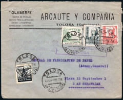 Guipúzcoa - Edi O 820+823+Auxilio Invierno - Mat "Tolosa 24/05/38" + Marcas Carlistas/Falangistas + Censura - Lettres & Documents