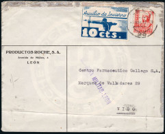 León - Edi O 823 + Auxilio Invierno 10cts. - Mat "León 9/Mar./37" + Censura A Vigo - Lettres & Documents