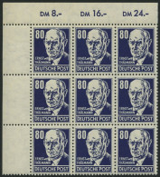 DDR 339PFIII , 1952, 80 Pf. Thälmann Mit Plattenfehler Fleck Am Kinn Und Strich Am Kragen (Feld 23) Im Neunerblock Aus D - Oblitérés
