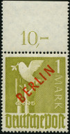 BERLIN 33 P OR , 1949, 1 M. Rotaudruck, Mit Durchgezähntem Oberrand (in Der Perforierung Vorgefaltet), Postfrisch, Prach - Unused Stamps