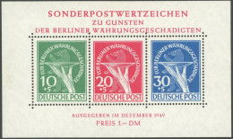 BERLIN Bl. 1III , 1949, Block Währungsgeschädigte Mit Plattenfehler Grüner Punkt Rechts Am Handgelenk, Postfrisch, Prach - Sonstige & Ohne Zuordnung