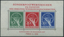 BERLIN Bl. 1III , 1949, Block Währungsgeschädigte Mit Abart Grüner Punkt Rechts Am Handgelenk, Falzreste Im Rand, Marken - Andere & Zonder Classificatie