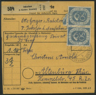 BUNDESREPUBLIK 134 Paar BRIEF, 1954, 50 Pf. Posthorn Im Waagerechten Paar Mit 10 Pf. Zusatzfrankatur Auf Paketkarte Aus  - Cartas & Documentos