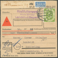BUNDESREPUBLIK 138 BRIEF, 1954, 90 Pf. Posthorn, Einzelfrankatur Auf Nachnahme-Paketkarte Aus LANDSHUT, Pracht - Other & Unclassified