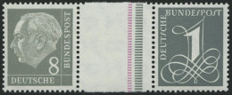 ZUSAMMENDRUCKE WZ 15aIVYII , 1960, Heuss Wz. Liegend 8 + Z + 1, Schmale Strichelleiste In Rotlila Und Eine In Dunkelblau - Zusammendrucke