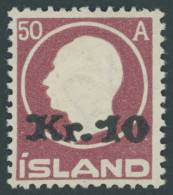 ISLAND 120 , 1925, 10 Kr. Auf 50 A. Lilarot, Falzrest, Pracht - Sonstige & Ohne Zuordnung