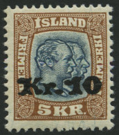 ISLAND 141 , 1930, 10 Kr. Auf 5 Kr. Doppelportrait, Falzrest, Pracht, Signiert Zumstein - Otros & Sin Clasificación