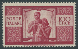 ITALIEN 704A , 1946, 100 L. Dunkelkarmin, Gezähnt K 14, Pracht, Mi. 500.- - Ohne Zuordnung