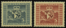 LIECHTENSTEIN 243,252 , 1945/7, 5 Fr. Wappen, 2 Prachtwerte, Mi. 79.- - Sonstige & Ohne Zuordnung