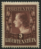 LIECHTENSTEIN 305A , 1951, 3 Fr. Fürstin Gina, Gezähnt L 121/2:12, Feinst (Gummi Leicht Getönt), Mi. 260.- - Autres & Non Classés