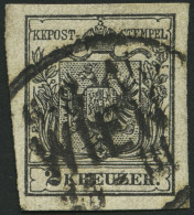 ÖSTERREICH 2Ya O, 1854, 2 Kr. Schwarz, Maschinenpapier, Mit Plattenfehler Beschädigung Am Linken Kronenband, Ovalstempel - Gebraucht