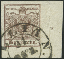 ÖSTERREICH 4Y O, 1854, 6 Kr. Braun, Maschinenpapier, Eckrandstück 11:6 Mm Und Nadelpunkt, K2 (SI)LLIAN, Oben Rechts Falz - Used Stamps