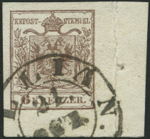 ÖSTERREICH 4Y O, 1854, 6 Kr. Braun, Maschinenpapier, Eckrandstück 11:6 Mm Und Nadelpunkt, K2 (SI)LLIAN, Oben Rechts Falz - Gebraucht