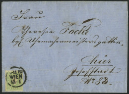 ÖSTERREICH 12a BRIEF, 1860, 3 Kr. Gelblichgrün, Prachtstück Auf Brief (1x Gefaltet) Aus WIEN - Usados