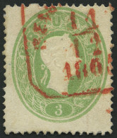 ÖSTERREICH 19 O, 1862, 3 Kr. Grün, Roter Reco-Stempel, Pracht, Mi. 130.- - Gebraucht