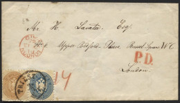 ÖSTERREICH 33/4 BRIEF, 1865, 10 Kr. Blau Und 15 Kr. Braun (Eckfehler) Auf Brief Von TRIEST Nach London, Pracht - Oblitérés
