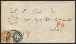 ÖSTERREICH 33/4 BRIEF, 1865, 10 Kr. Blau Und 15 Kr. Braun (Eckfehler) Auf Brief Von TRIEST Nach London, Pracht - Usados