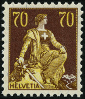 SCHWEIZ BUNDESPOST 108 , 1908, 70 C. Schwärzlichrötlichbraun/hellchromgelb,, Falzreste, Pracht, Mi. 65.- - Unused Stamps