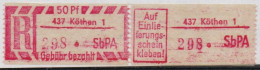 DDR Einschreibemarke Köthen SbPA Postfrisch, EM2B-437-1eII(1) PU + Zh - R-Zettel