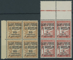 ST. PIERRE UND MIQUELON P 19/20 VB , 1925, 60 C. Auf 50 C. Gelbbraun Und 2 Fr. Auf 1 Fr. Zinnober In Randviererblocks, P - Unused Stamps