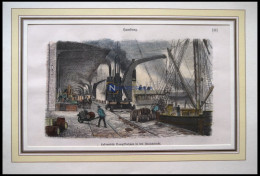 HAMBURG: Lokomobile Dampfkrahnen In Den Ausladedocks, Kolorierter Holzstich Von 1881 - Prints & Engravings