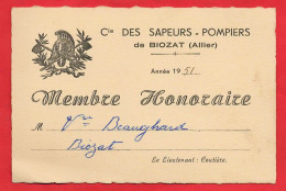 -- BIOZAT (Allier) - Cie DES SAPEURS-POMPIERS / CARTE DE MEMBRE HONORAIRE -- - Membership Cards