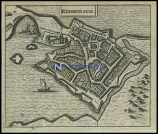 RENDSBURG, Dek. Stadtplan Mit Kleiner Schiffsstaffage, Kupferstich Von Zeiller 1655 - Estampes & Gravures