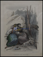 KANTON GRAUBÜNDEN (Canton Des Grisons), Szene In Den Bergen: 2 Frauen Suchen Hinter Einem Felsvorsprung Schutz Vor Einem - Litografia