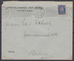 ⁕ Norway NORGE 1909 ⁕ Post Horn 20 øre Mi.82 On Cover ⁕ CENTRALBANKEN - CHRISTIANIA To Berlin - Briefe U. Dokumente