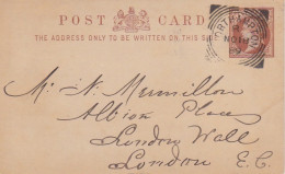 Petit Entier Carton Half Penny Brun "Victoria" Obl. Northampton Le 18 NO 89 Pour Londres - Stamped Stationery, Airletters & Aerogrammes