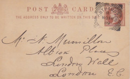 Petit Entier Carton Half Penny Brun "Victoria" Obl. Northampton Le 18 NO 89 Pour Londres - Entiers Postaux