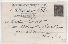 FRANCE CP Carte Postale Type SAGE Type II N S U 1896 10c Repiquage VASSEUR HORTICULTURE SAUXILLANGES ISSOIRE Puy De Dome - 1876-1898 Sage (Type II)