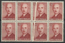 Turkey; 1948 London Printing Inonu Postage Stamp 0.25 K. "Pleat ERROR" (Block Of 8) - Nuevos