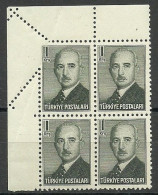 Turkey; 1948 London Printing Inonu Postage Stamp 1 K. ERROR "Perf. On Folded Paper" (Block Of 4) - Ongebruikt