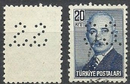 Turkey; 1948 London Printing Inonu Postage Stamp 20 K. "Perfin" - Gebraucht