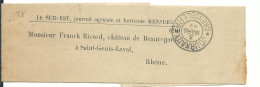 FRANCE BANDE JOURNAL " LE SUD EST "  OBL. JOURNAUX GRENOBLE (ISERE ) POUR ST GENIS LAVAL ( RHONE ) DE 1892  LETTRE COVER - Newspaper Bands