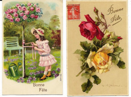 2 CPA   Roses Fantaisie Bonne Fête Signée Klein & Bonne Fête Fillette Attachant Un Rosier Au  Tuteur Gaufrée - Fleurs