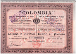 ACTION COLOMBIA  SOCIETE FRANCO ROMANA De Pétrole  Part De 500 Lei à Bucarest  Mai 1920 - Oil