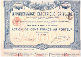 ACTION  GRIVOLAS Appareillage électrique 100 Francs Au Porteur  Mars 1896    EDF Electricité - Electricity & Gas