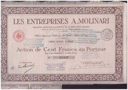 ACTION  Entreprises A.MOLINARI  à ORAN Algérie  100 Francs Au Porteur Février 1929 - Afrique