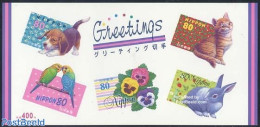 Japan 1998 Greetings 5v Foil Sheet S-a, Mint NH, Nature - Various - Birds - Cats - Dogs - Flowers & Plants - Rabbits /.. - Neufs