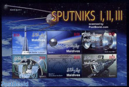 Maldives 2006 Sputniks I,II,III 6v M/s, Mint NH, Nature - Transport - Dogs - Space Exploration - Maldiven (1965-...)
