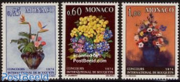 Monaco 1973 Flower Arranging Concours 3v, Mint NH, Nature - Flowers & Plants - Nuovi