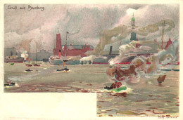 FINE ARTS, PAINTING, HAMBURG, ARCHITECTURE, BOATS, SHIP, TOWER, GERMANY, SIGNED, POSTCARD - Malerei & Gemälde