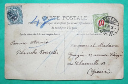 N°111 BLANC OBLITERATION JOUR DE L'AN 118 CERCLE PARIS TAXE SUISSE 10C CARTE POSTALE POUR GENEVE 1906 COVER FRANCE - 1859-1959 Lettres & Documents