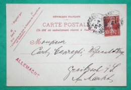 N°138 SEMEUSE PERFORE HL BOUSCAT BORDEAUX VINS CARTE POSTALE PRIVE POUR ALLEMAGNE 1910 LETTRE COVER FRANCE - Covers & Documents